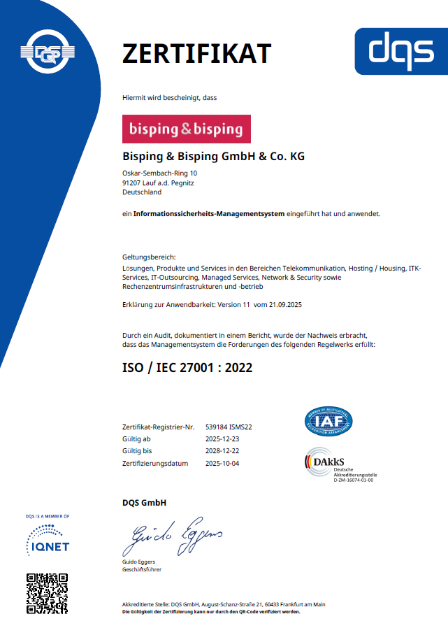 Zertifikat nach DIN EN ISO/IEC 27001:2017 – Informationssicherheits-Managementsystem von Bisping & Bisping