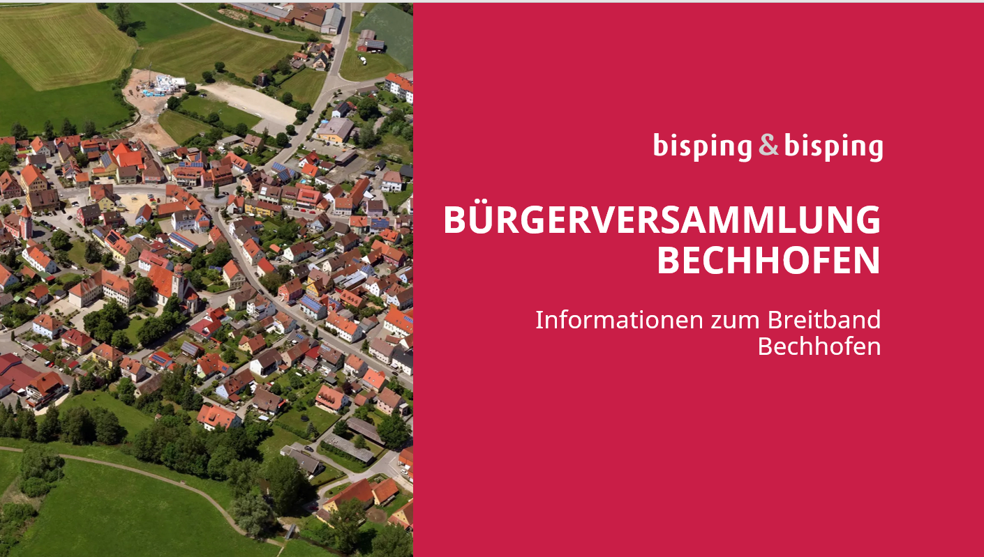 Luftaufnahme von Bechhofen mit eingeblendeter Veranstaltungsfolie zur Bürgerversammlung von Bisping & Bisping mit dem Thema ‚Informationen zum Breitband Bechhofen‘ auf rotem Hintergrund.