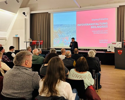 Informationsveranstaltung zum Glasfaserausbau am 16. April 2024 in Beilngries: Bürgermeister Helmut Schloderer, Geschäftsleitender Beamter Robert Lenz, Klaus Eckel und Daniel Müller von IK-T sowie Susi Bisping von Bisping & Bisping beantworten Fragen von rund 250 Bürgerinnen und Bürgern aus Paulushofen und Kottingwörth.