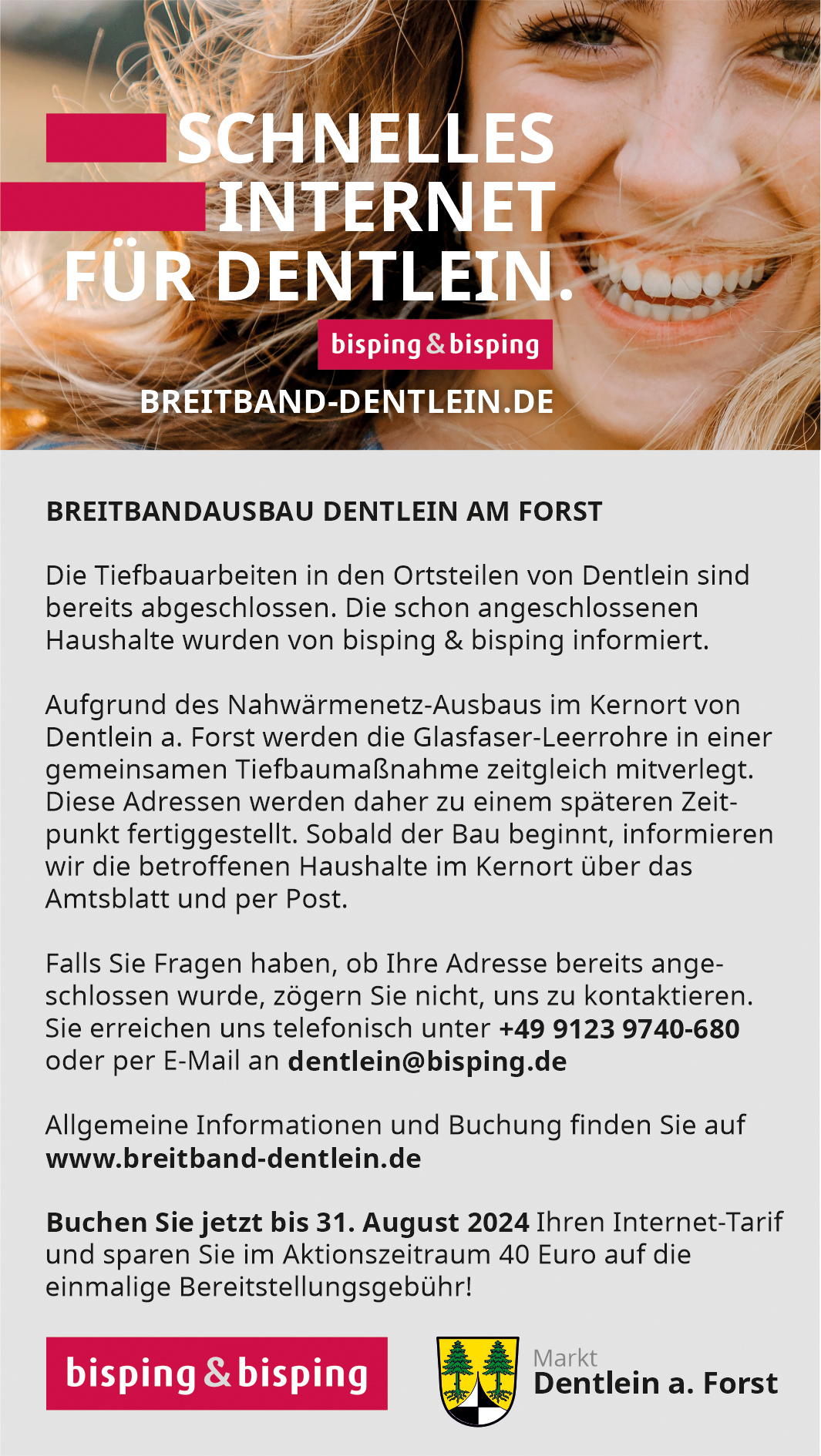Auszug aus dem Amts- und Mitteilungsblatt Dentlein am Forst, 31. Juli 2024. Die Tiefbauarbeiten in den Ortsteilen sind abgeschlossen.