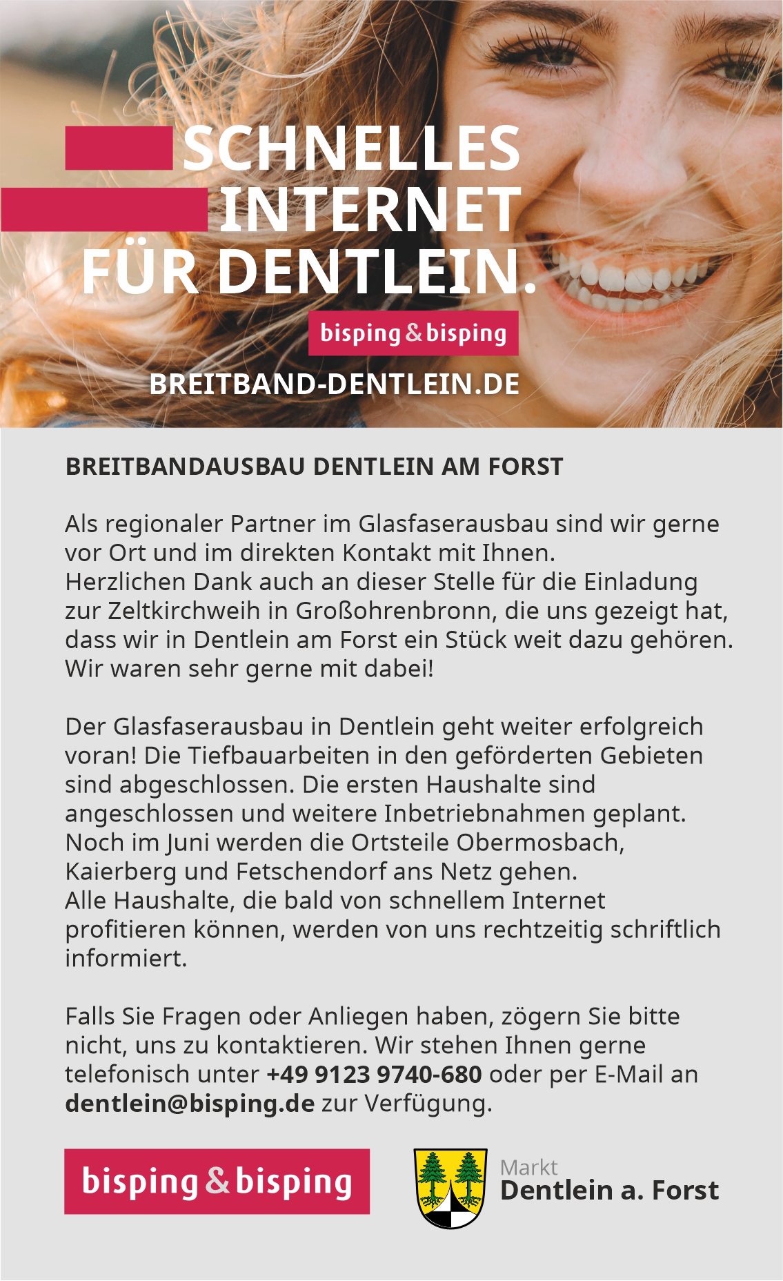 Auszug aus dem Mitteilungsgblatt. Techniker von Bisping & Bisping aktivieren das Glasfasernetz in einem Ortsteil von Dentlein am Forst, um den Bewohnern schnelles Internet bereitzustellen.