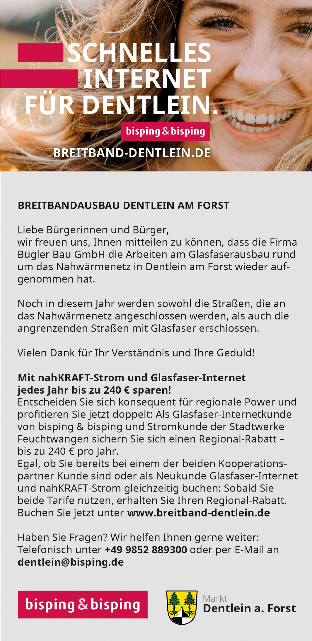 Auszug aus dem Amts- und Mitteilungsblatt Dentlein am Forst vom März 2025 über den aktuellen Baufortschritt. Dieses Jahr sollen alle Straßen mit Glasfaser angeschlossen werden. 