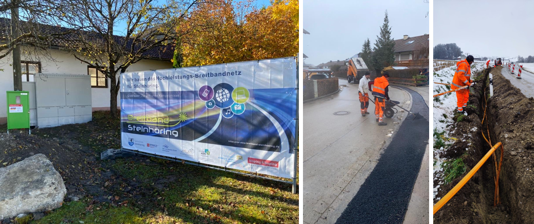 Winterfeste Glasfaser-Baustelle in Steinhöring: Zwei Bauunternehmen haben bis zur Winterpause 2021 über 100 Kilometer Trassen verlegt und 131 Gebäude mit Leerrohren erschlossen. Der Hauptverteiler (PoP) im Ortsteil Zaißing ist installiert; die Fertigstellung der restlichen Arbeiten ist für Frühjahr 2022 geplant.